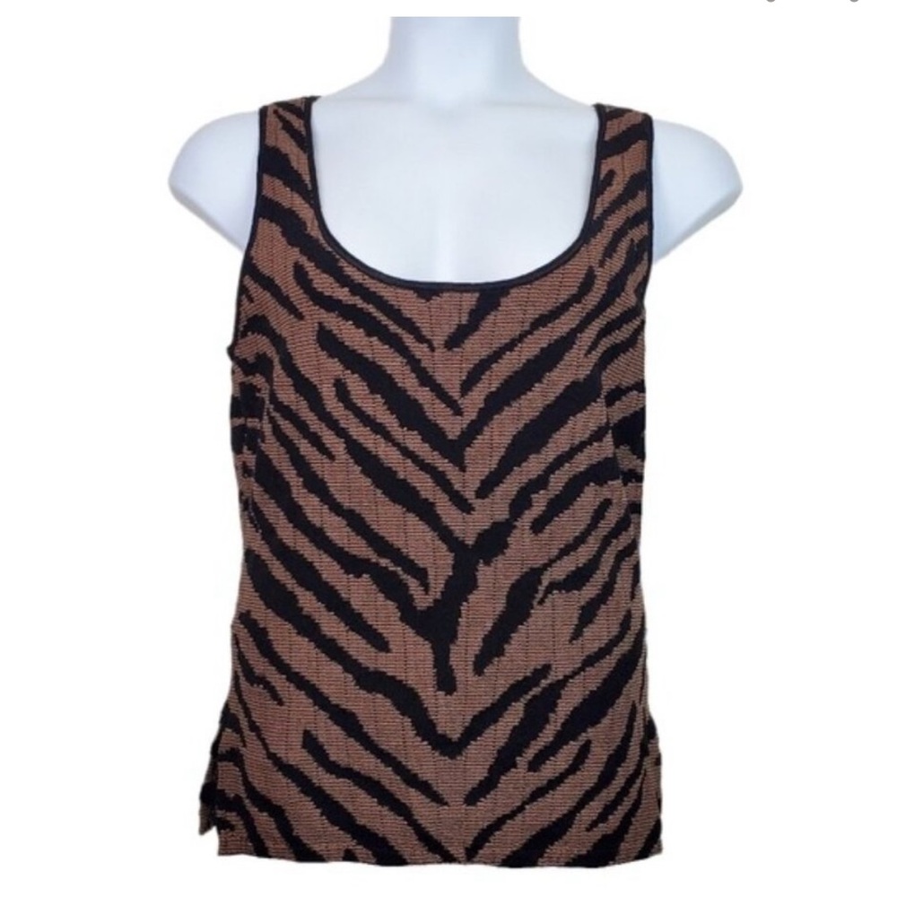 White House Black Market Black Womens Brown Tiger Print Knit Tank Top Size L